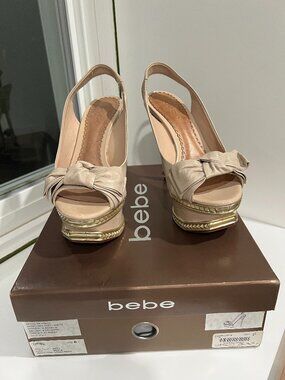 Bebe Dita Beige Platform Slingback Sandals with Gold Stiletto Heel 6-6.5